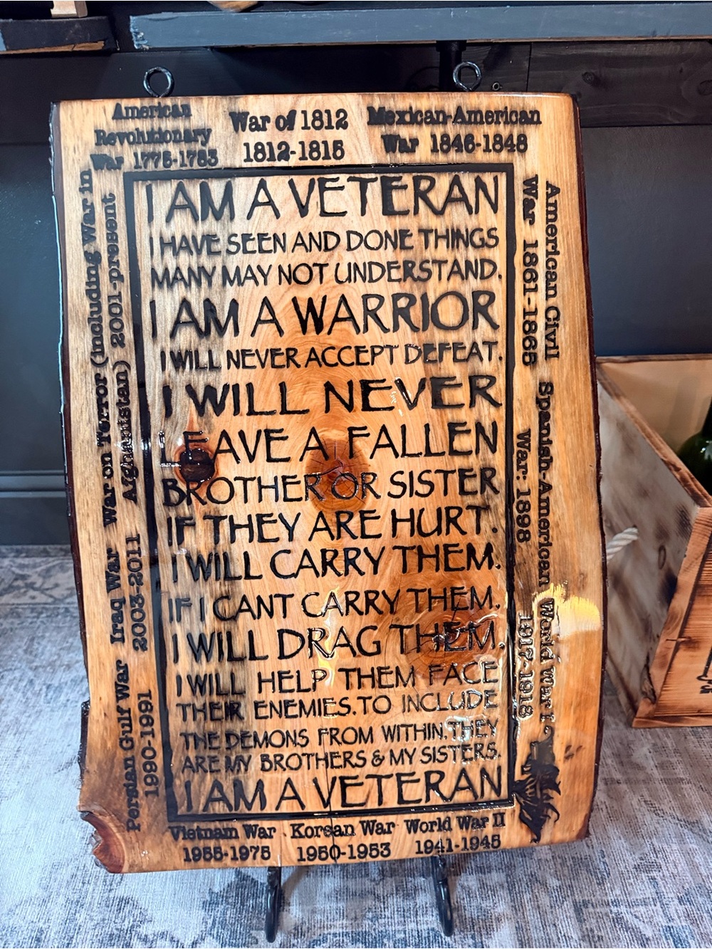 16.5”L x 24”H x 1.5” clear epoxy on top - “l AM A VETERAN”. Hooks are Mounted